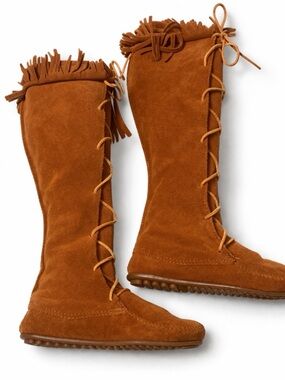 Minnetonka Front Lace Knee High Suede Boots Brown Women’s Size 6 moccasins